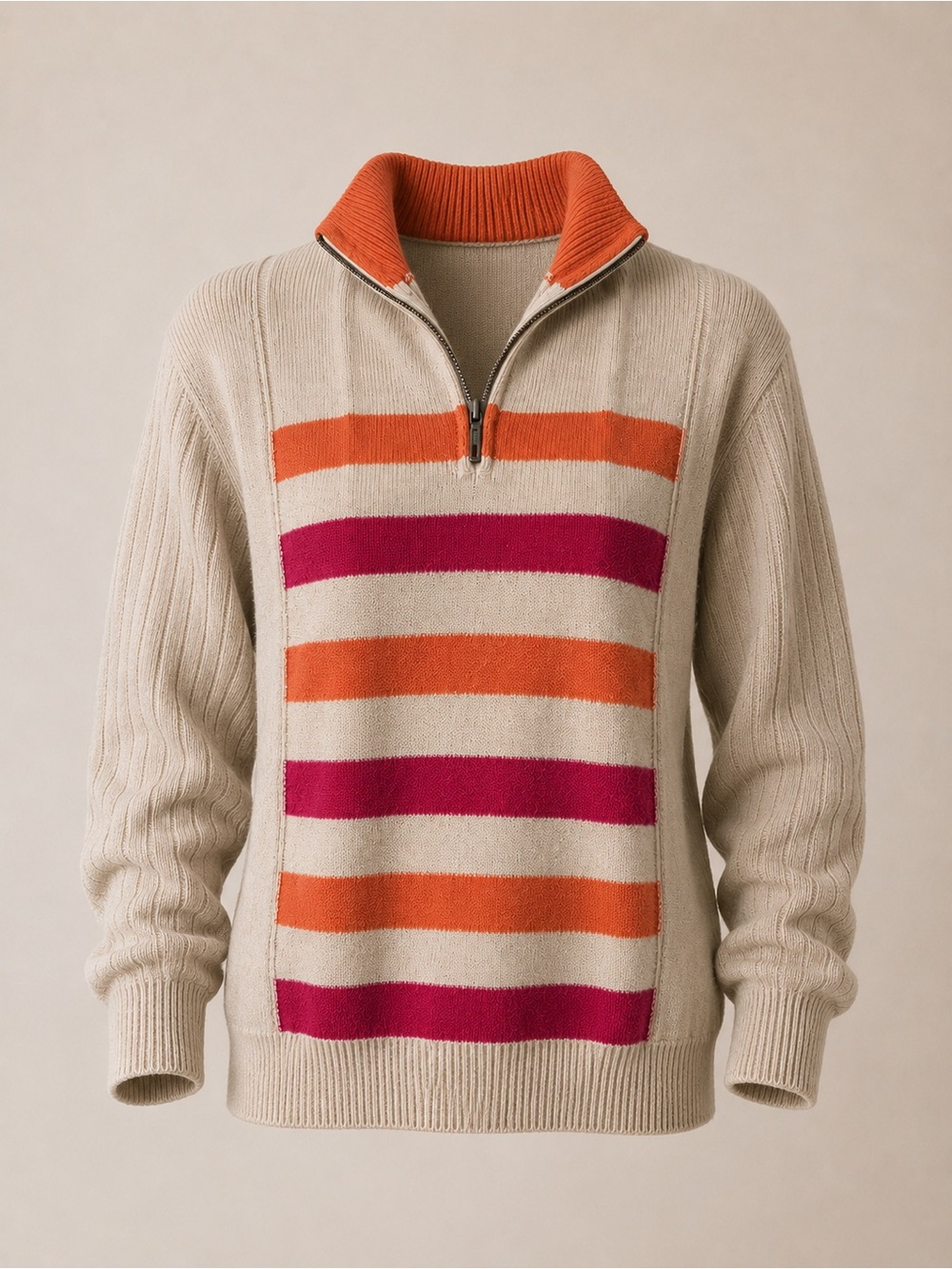 513 Half Zip Striped Sweater Beige Pink Orange Rib Knit Size Large